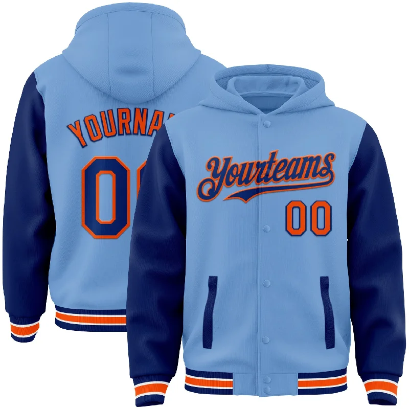 Everyday Wear For Men And Women Trendy Street Style Custom Light Blue Royal-Orange Bomber Full-Snap Varsity Letterman Two Tone Hoodie Jacket