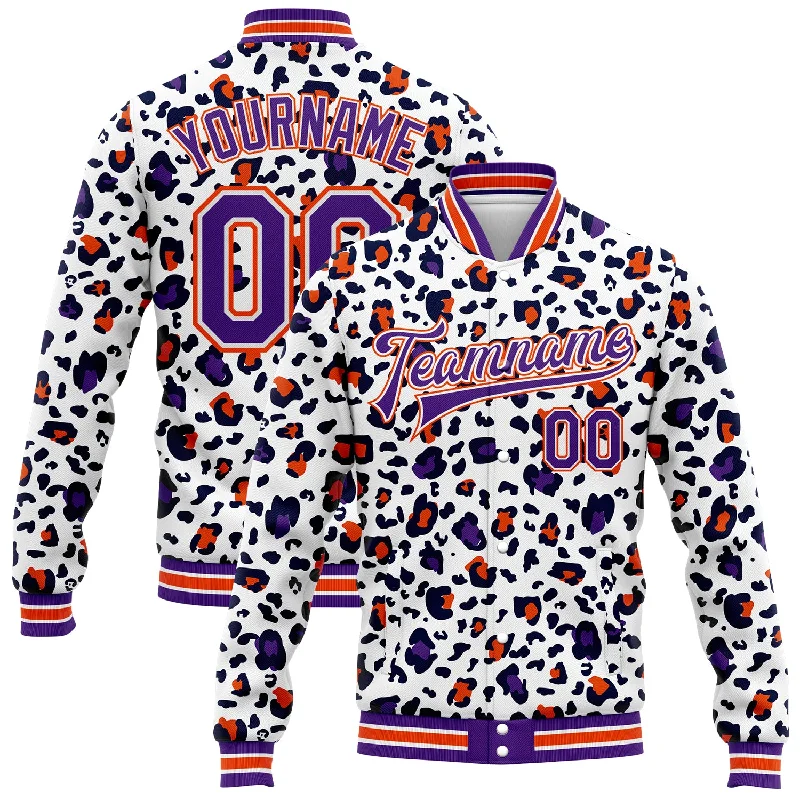 Unisex Casual Wear For All Seasons Special Offer Custom White Purple-Orange Leopard Print 3D Pattern Design Bomber Full-Snap Varsity Letterman Jacket