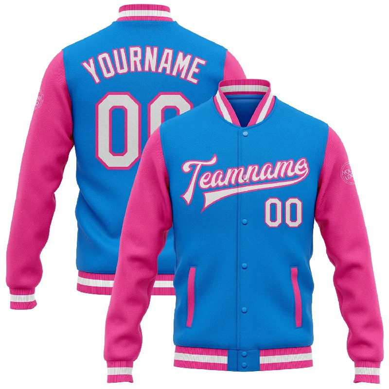 Relaxed-Fit Unisex Clothing Options Fresh Fashion Discounts Custom Powder Blue White-Pink Bomber Full-Snap Varsity Letterman Two Tone Jacket