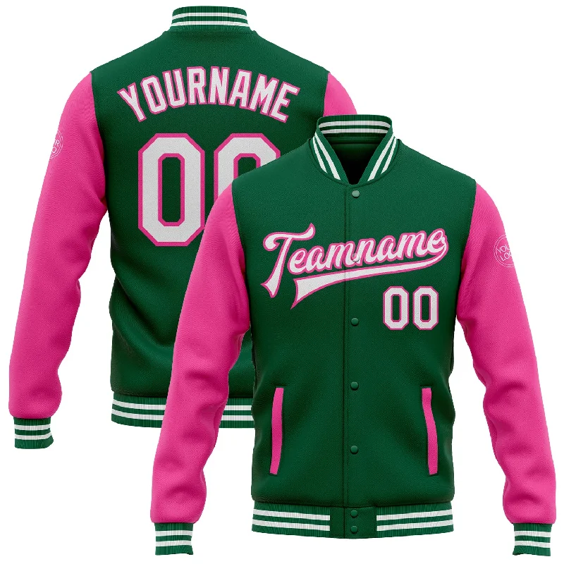 Fashion-Forward Unisex Apparel Special Offer Custom Kelly Green White-Pink Bomber Full-Snap Varsity Letterman Two Tone Jacket