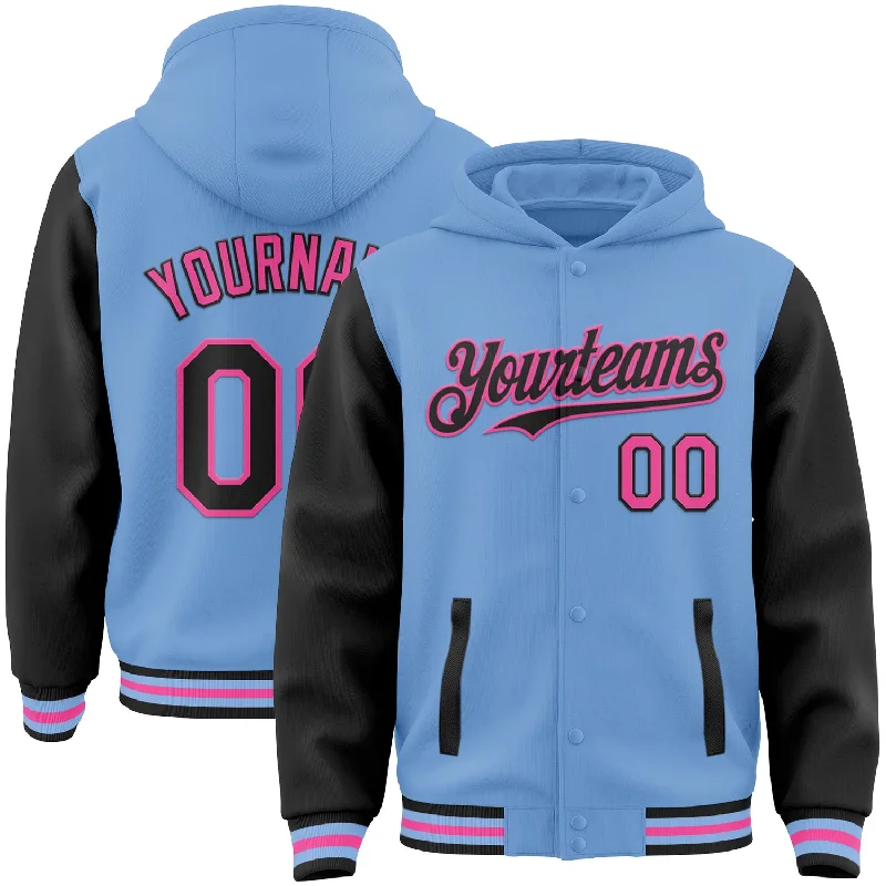 Stylish Unisex Outfit Ideas Timeless Elegance Redefined Custom Light Blue Black-Pink Bomber Full-Snap Varsity Letterman Two Tone Hoodie Jacket