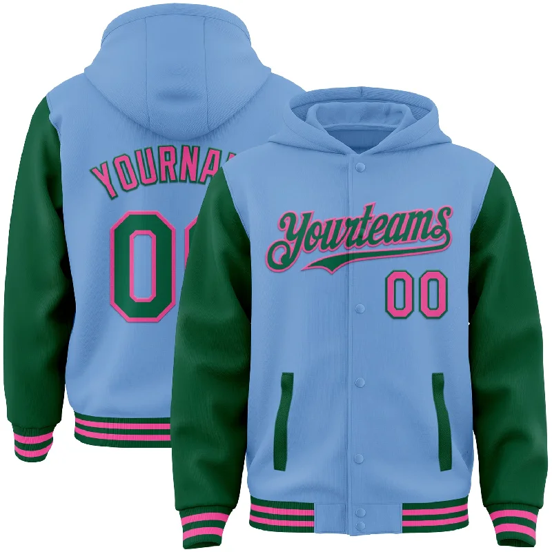 Fashion-Forward Gender-Neutral Outfit Ideas Chic And Trendy Custom Light Blue Kelly Green-Pink Bomber Full-Snap Varsity Letterman Two Tone Hoodie Jacket