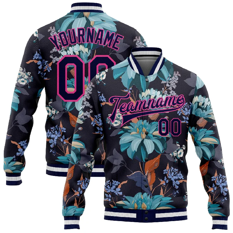 Elegant And Minimal Gender-Free Clothing Latest Trends Custom Navy Pink Flowers 3D Pattern Design Bomber Full-Snap Varsity Letterman Jacket