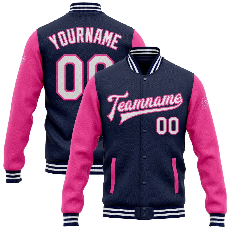 Urban-Inspired Unisex Fashion Trends Street Chic Discounts Custom Navy White-Pink Bomber Full-Snap Varsity Letterman Two Tone Jacket