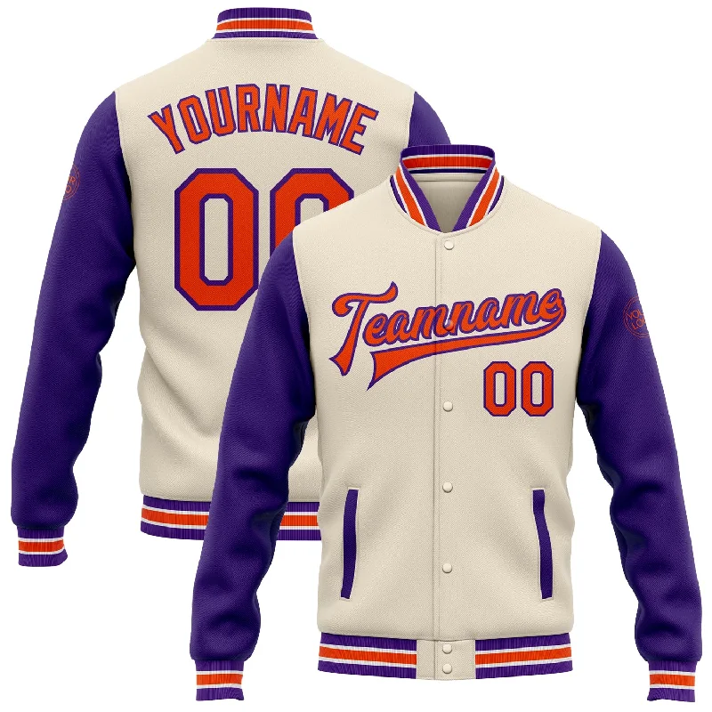 Trendy Unisex Top Brand Discounts Custom Cream Orange-Purple Bomber Full-Snap Varsity Letterman Two Tone Jacket