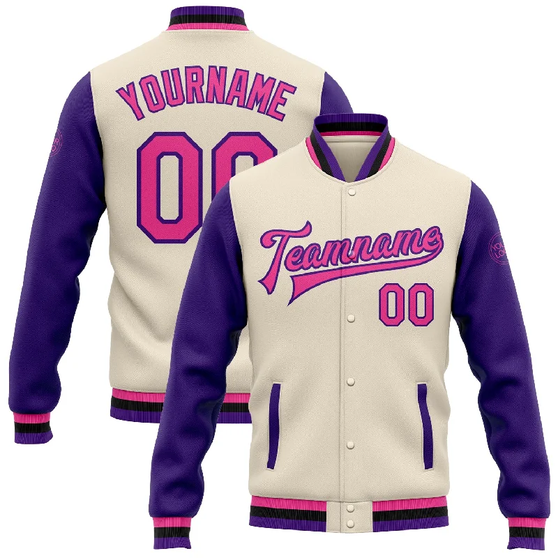 Oversized Unisex Fashion Pieces Seize Bargains Custom Cream Pink Purple-Black Bomber Full-Snap Varsity Letterman Two Tone Jacket