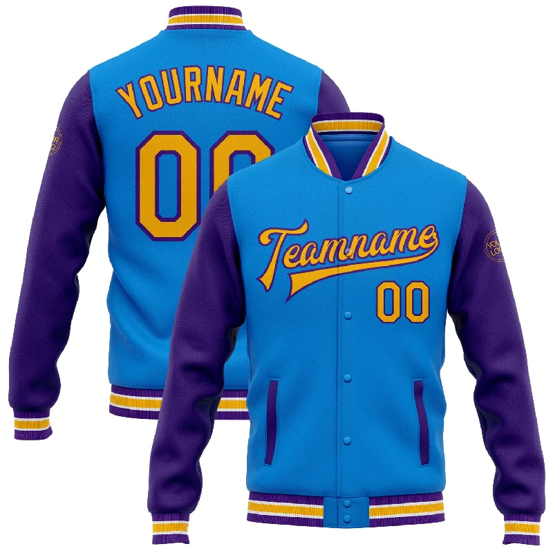 Oversized Unisex Fashion Pieces Step Ahead, Lead The Trend Custom Powder Blue Gold-Purple Bomber Full-Snap Varsity Letterman Two Tone Jacket