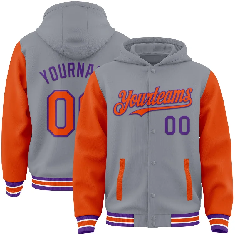 Soft And Breathable Unisex Loungewear Luxury Fashion Discounts Custom Gray Orange-Purple Bomber Full-Snap Varsity Letterman Two Tone Hoodie Jacket