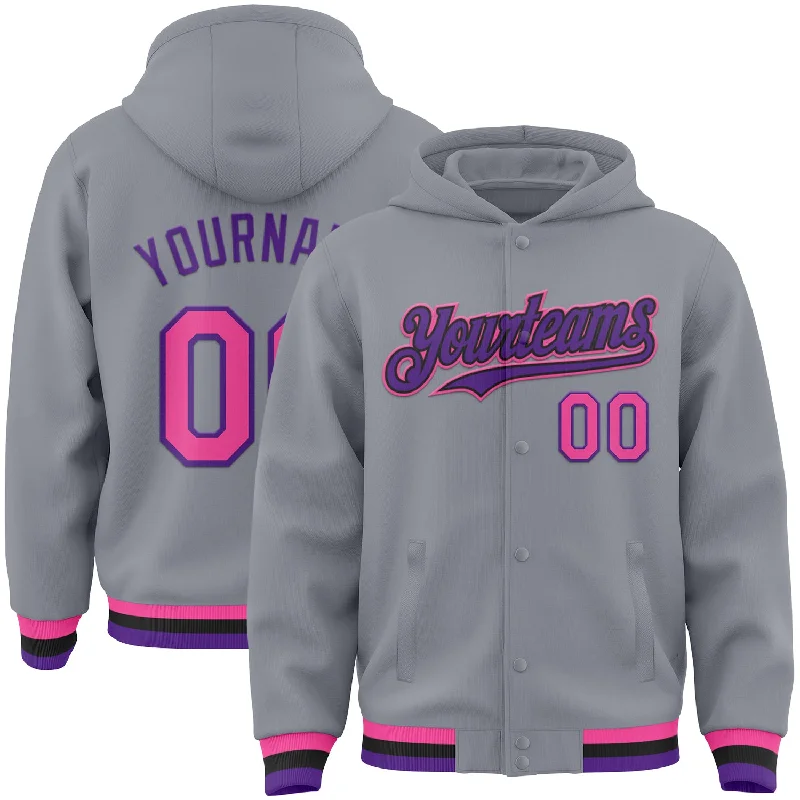 Breathable And Lightweight Unisex Wear Top Deals Custom Gray Pink Purple-Black Bomber Full-Snap Varsity Letterman Hoodie Jacket