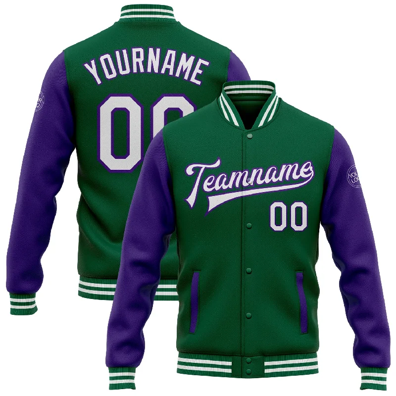 Effortless And Modern Unisex Dressing Fashion Forward Femininity Custom Kelly Green White-Purple Bomber Full-Snap Varsity Letterman Two Tone Jacket