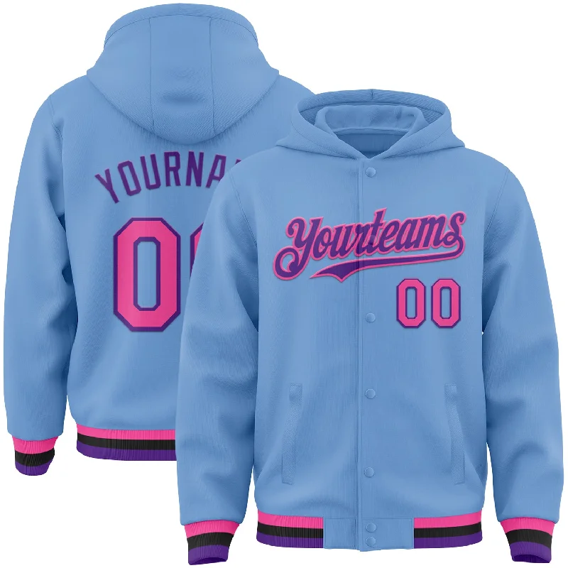 Everyday Wear For Men And Women Cool Prices Custom Light Blue Pink Purple-Black Bomber Full-Snap Varsity Letterman Hoodie Jacket