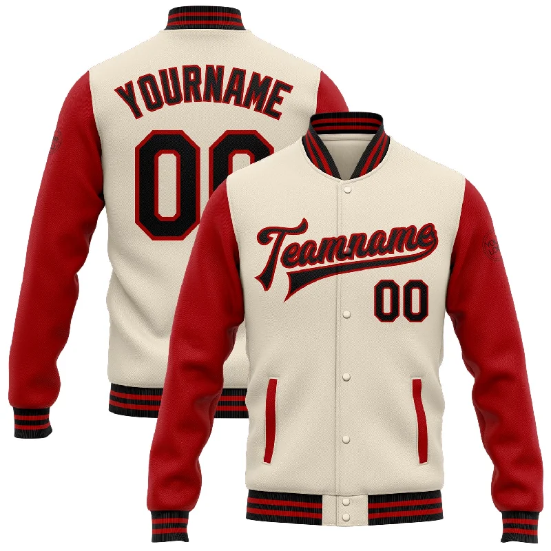 Oversized Unisex Fashion Pieces Clearance Sale, All Cheap Custom Cream Black-Red Bomber Full-Snap Varsity Letterman Two Tone Jacket