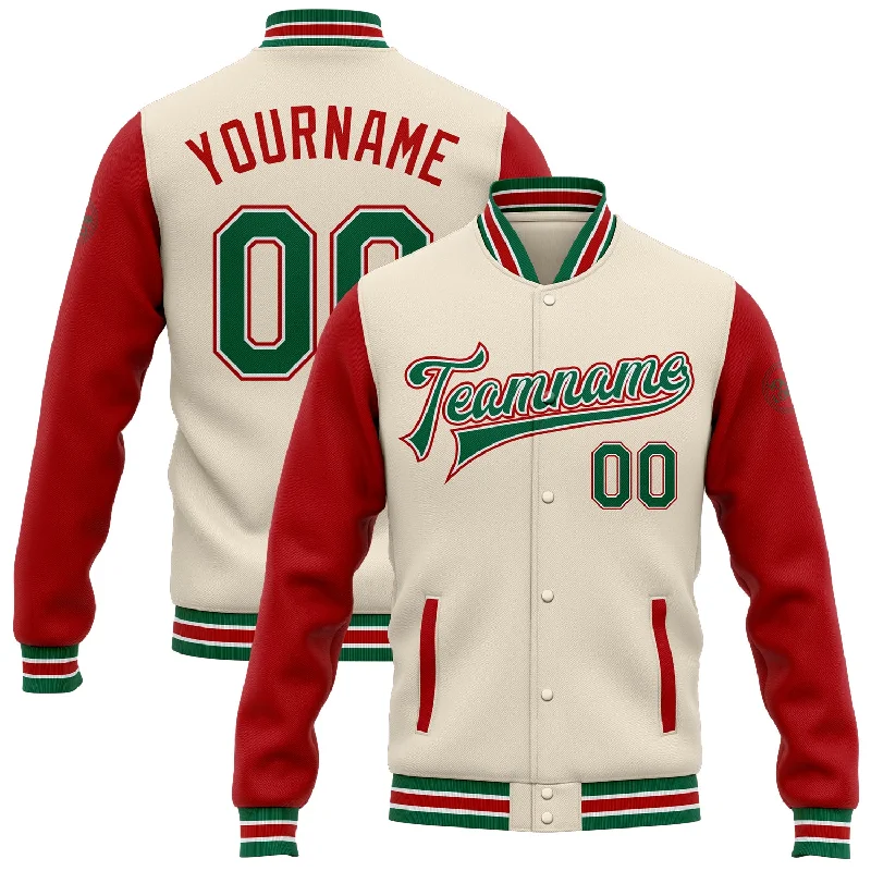 Casual Yet Sophisticated Unisex Fashion Huge Price Cut Custom Cream Kelly Green-Red Bomber Full-Snap Varsity Letterman Two Tone Jacket