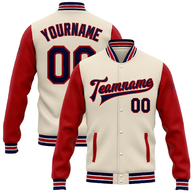 Minimalist Unisex Fashion Essentials Hot Brand Discounts Custom Cream Navy-Red Bomber Full-Snap Varsity Letterman Two Tone Jacket