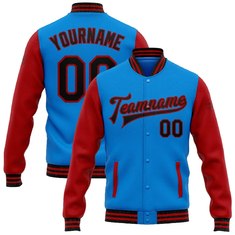 Functional And Stylish Unisex Wear Classic Elegance Sales Custom Powder Blue Black-Red Bomber Full-Snap Varsity Letterman Two Tone Jacket