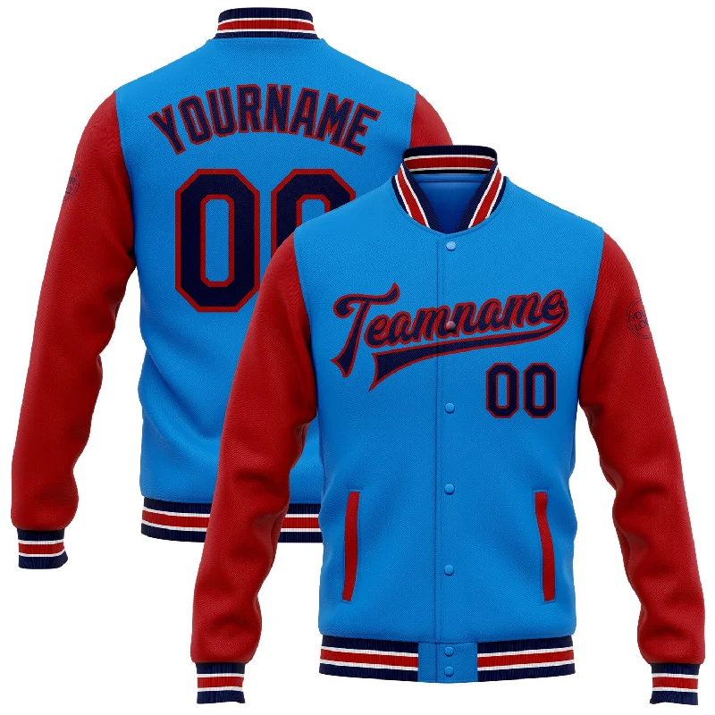 Sleek And Contemporary Gender-Free Outfits Edgy Fashion Deals Custom Powder Blue Navy-Red Bomber Full-Snap Varsity Letterman Two Tone Jacket