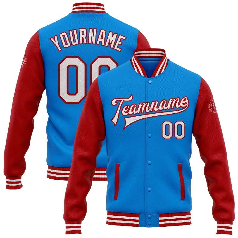 Versatile Unisex Layering Pieces Urban Style Promotions Custom Powder Blue White-Red Bomber Full-Snap Varsity Letterman Two Tone Jacket