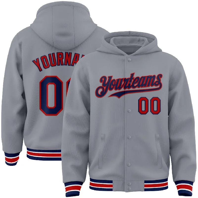 Fashion-Forward Gender-Neutral Outfit Ideas Premium Fashion Custom Gray Navy-Red Bomber Full-Snap Varsity Letterman Hoodie Jacket