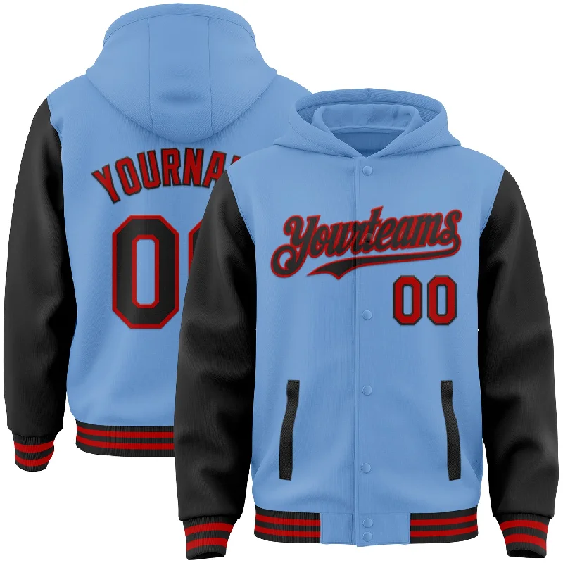 Elegant And Minimal Gender-Free Clothing Fashionista Favorites Custom Light Blue Black-Red Bomber Full-Snap Varsity Letterman Two Tone Hoodie Jacket