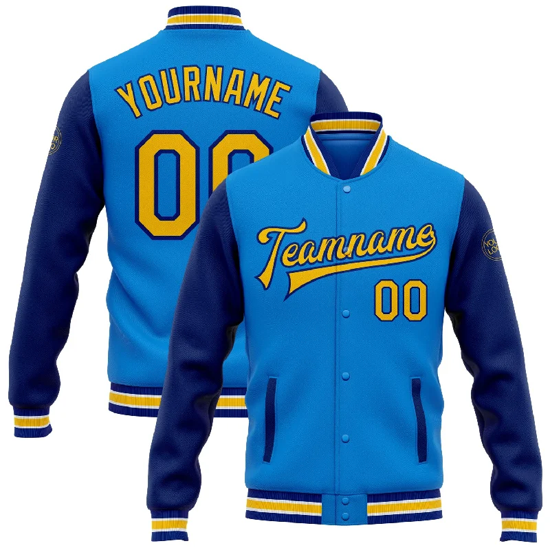 Trendy Unisex Streetwear Fashion Exclusive Designer Style Deals Custom Powder Blue Yellow-Royal Bomber Full-Snap Varsity Letterman Two Tone Jacket