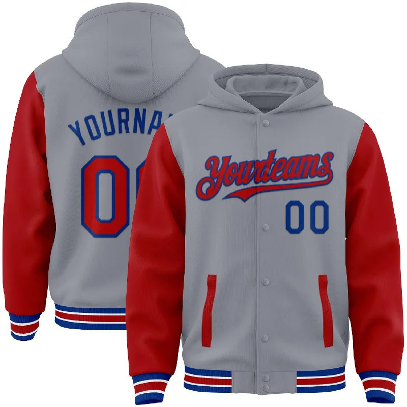 Sleek And Contemporary Gender-Free Outfits Cozy Chic Promotions Custom Gray Red-Royal Bomber Full-Snap Varsity Letterman Two Tone Hoodie Jacket