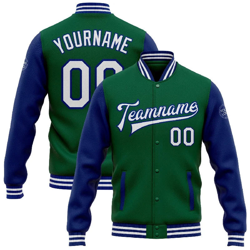 Modern Unisex Clothing For Any Occasion Limited Styles Custom Kelly Green White-Royal Bomber Full-Snap Varsity Letterman Two Tone Jacket