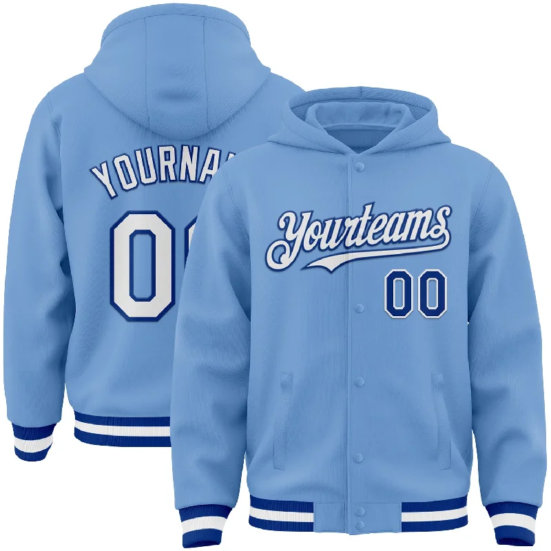 Fashion-Forward Gender-Neutral Outerwear Find Your Unique Flair Custom Light Blue White-Royal Bomber Full-Snap Varsity Letterman Hoodie Jacket