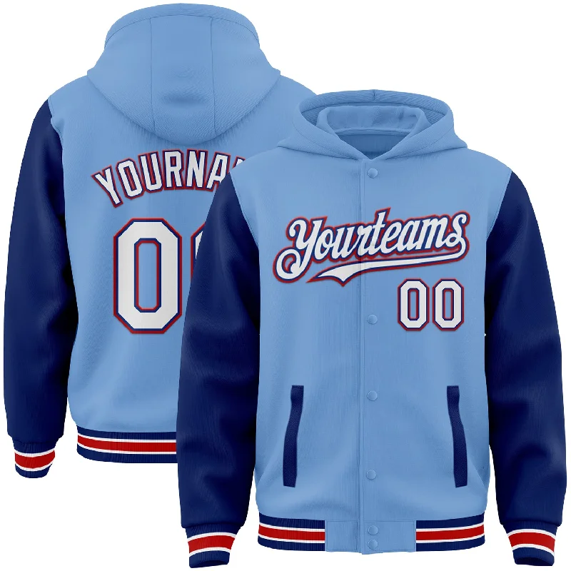 Classic Unisex Fashion Looks Timeless Style Promotions Custom Light Blue Royal-Red Bomber Full-Snap Varsity Letterman Two Tone Hoodie Jacket