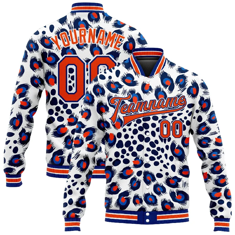 Urban Unisex Fashion Outfits Casual Chic Deals Custom White Orange-Royal Leopard Print 3D Pattern Design Bomber Full-Snap Varsity Letterman Jacket