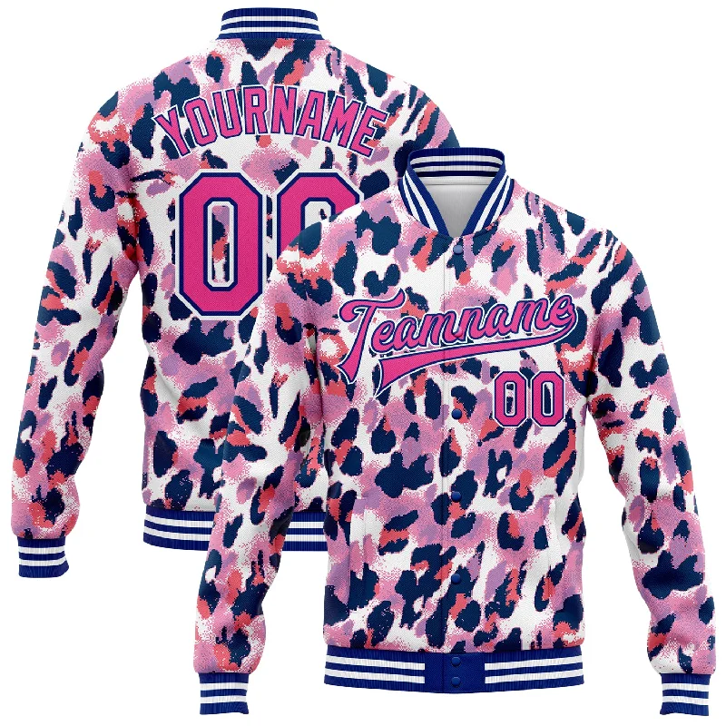 Classic Unisex Fashion Looks End-Of-Season Clearance Custom White Pink-Royal Leopard Print 3D Pattern Design Bomber Full-Snap Varsity Letterman Jacket