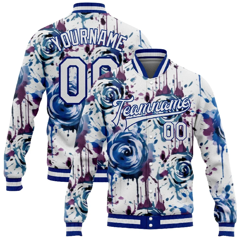 Unisex Casual Fashion Trends Trendy Street Style Custom White Royal Drip Painting Rose 3D Pattern Design Bomber Full-Snap Varsity Letterman Jacket