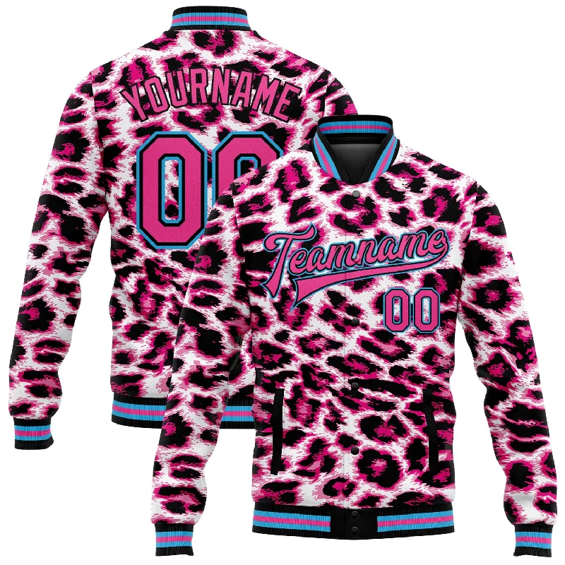 Effortless And Modern Unisex Dressing Easy Elegance Sales Custom Pink Sky Blue-Black Leopard Print 3D Pattern Design Bomber Full-Snap Varsity Letterman Jacket