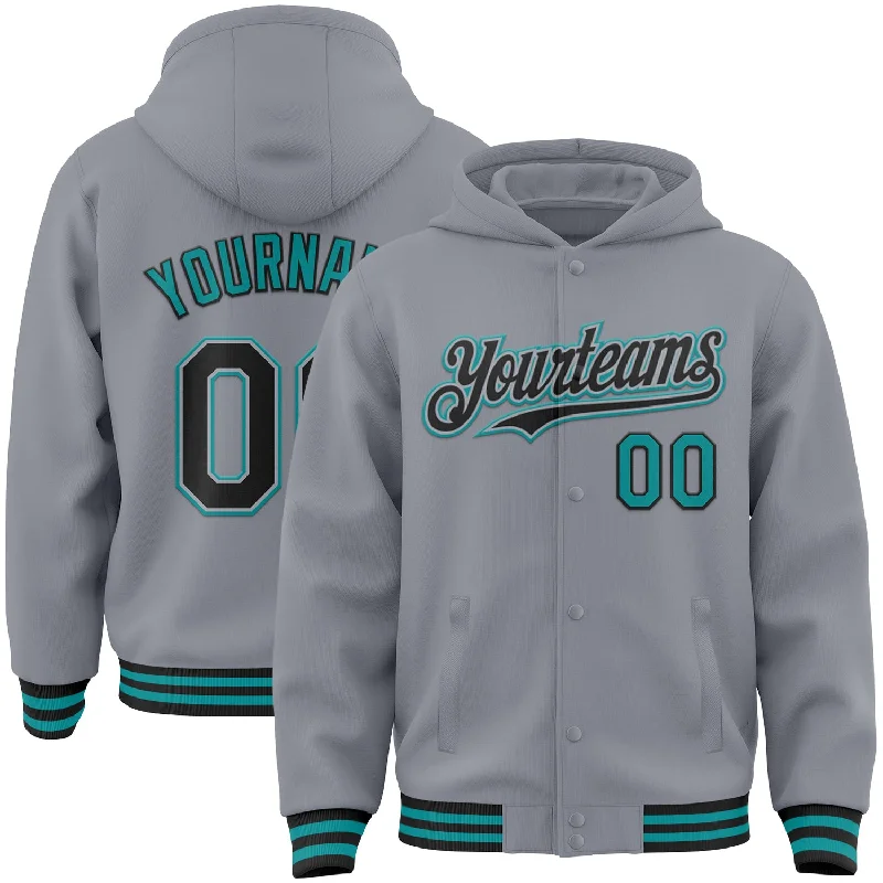 Fashion-Forward Gender-Neutral Outerwear Feminine Luxe Style Sale Custom Gray Black-Teal Bomber Full-Snap Varsity Letterman Hoodie Jacket