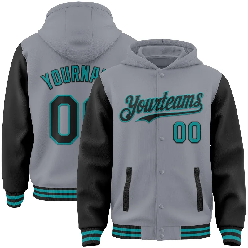 Elegant And Minimal Gender-Free Clothing Discover Promotions Custom Gray Black-Teal Bomber Full-Snap Varsity Letterman Two Tone Hoodie Jacket