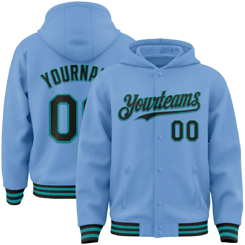 Sleek And Comfortable Unisex Wear Timeless Elegance Redefined Custom Light Blue Black-Teal Bomber Full-Snap Varsity Letterman Hoodie Jacket