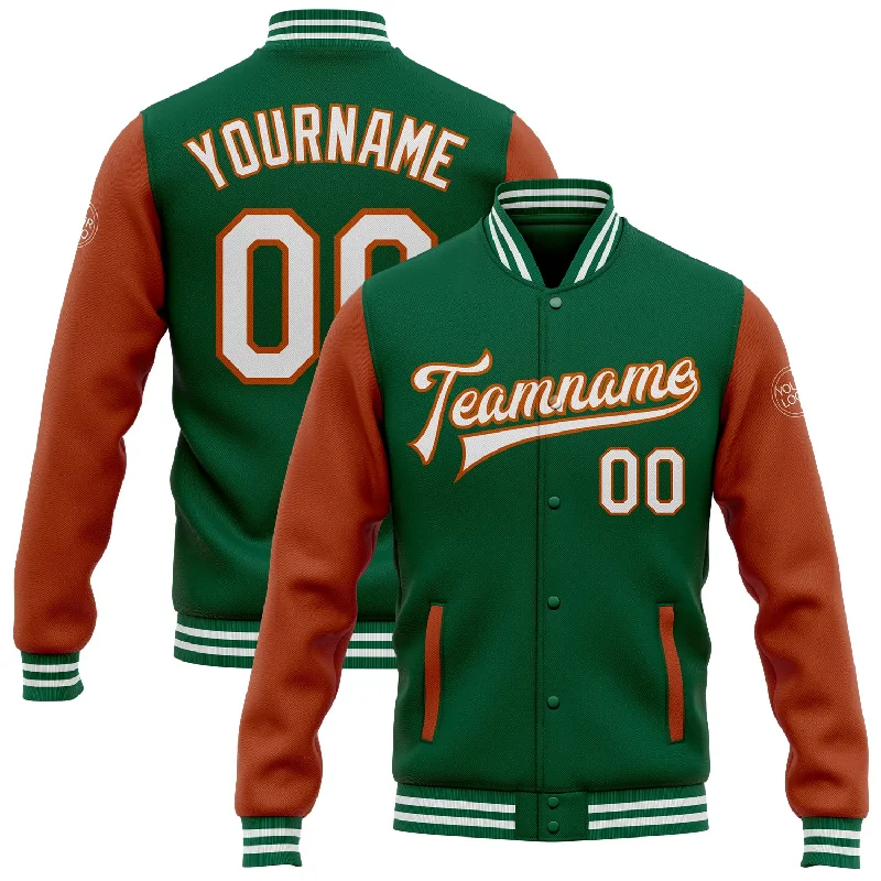 Unisex Casual Wear For All Seasons Fashion-Forward Custom Kelly Green White-Texas Orange Bomber Full-Snap Varsity Letterman Two Tone Jacket