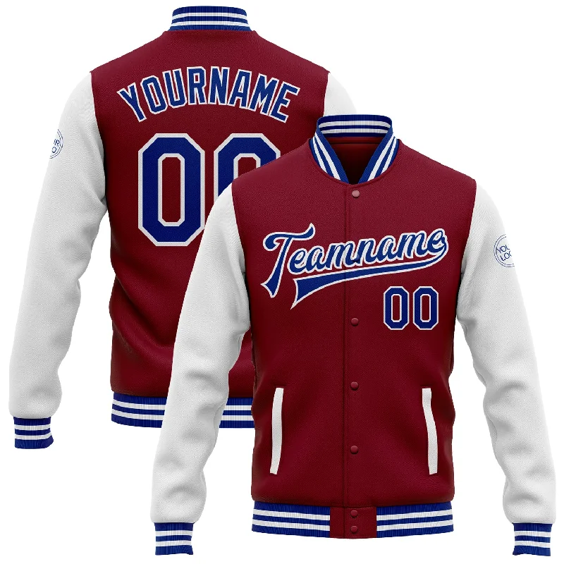 Unisex Casual Fashion Trends Budget-Friendly Fashion Custom Crimson Royal-White Bomber Full-Snap Varsity Letterman Two Tone Jacket