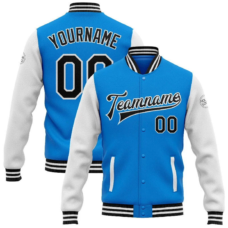 Minimalist Unisex Fashion Essentials Discover Promotions Custom Powder Blue Black-White Bomber Full-Snap Varsity Letterman Two Tone Jacket