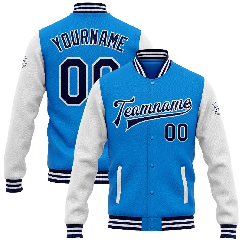 Versatile Unisex Layering Pieces Low Price Special Custom Powder Blue Navy-White Bomber Full-Snap Varsity Letterman Two Tone Jacket