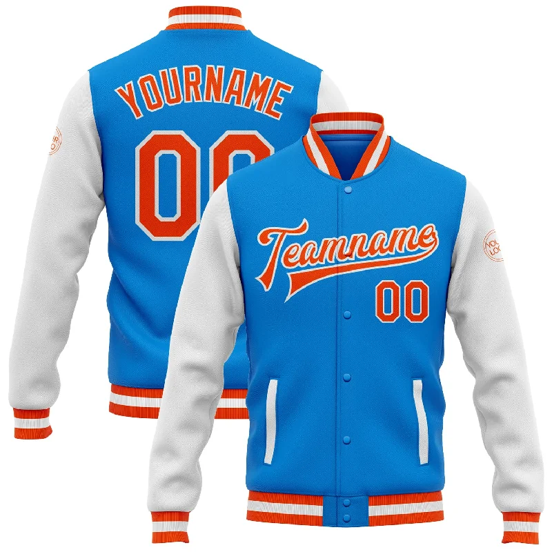 Functional And Stylish Unisex Wear Limited Stock Custom Powder Blue Orange-White Bomber Full-Snap Varsity Letterman Two Tone Jacket