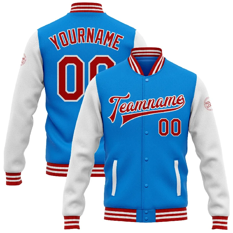 Gender-Neutral Clothing Styles Budget Friendly Custom Powder Blue Red-White Bomber Full-Snap Varsity Letterman Two Tone Jacket