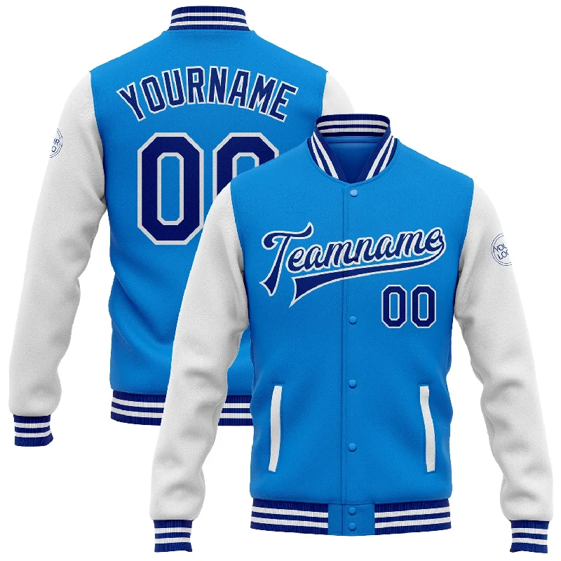 Sleek And Contemporary Gender-Free Outfits New In This Season Custom Powder Blue Royal-White Bomber Full-Snap Varsity Letterman Two Tone Jacket