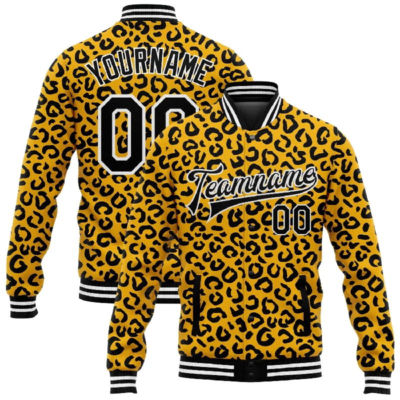 Unisex Casual Wear For All Seasons Classic Modern Offers Custom Gold Black-White Leopard Print 3D Pattern Design Bomber Full-Snap Varsity Letterman Jacket