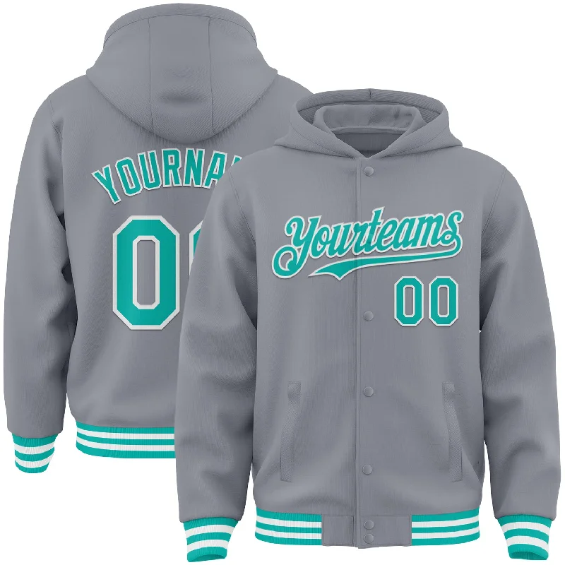 Urban-Inspired Unisex Fashion Trends Sophisticated Fashion Custom Gray Aqua-White Bomber Full-Snap Varsity Letterman Hoodie Jacket