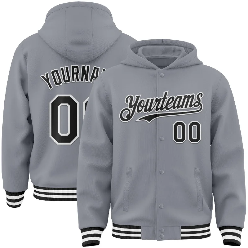 Oversized Unisex Apparel For Effortless Style Fast Fashion Favorites Custom Gray Black-White Bomber Full-Snap Varsity Letterman Hoodie Jacket