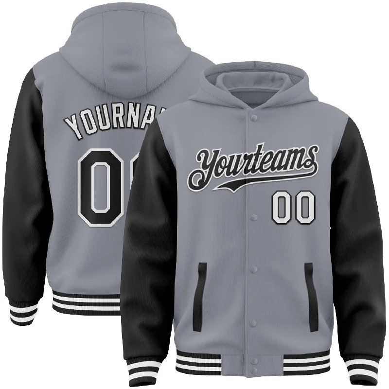 Functional And Stylish Unisex Wear Essentials On Sale Custom Gray Black-White Bomber Full-Snap Varsity Letterman Two Tone Hoodie Jacket