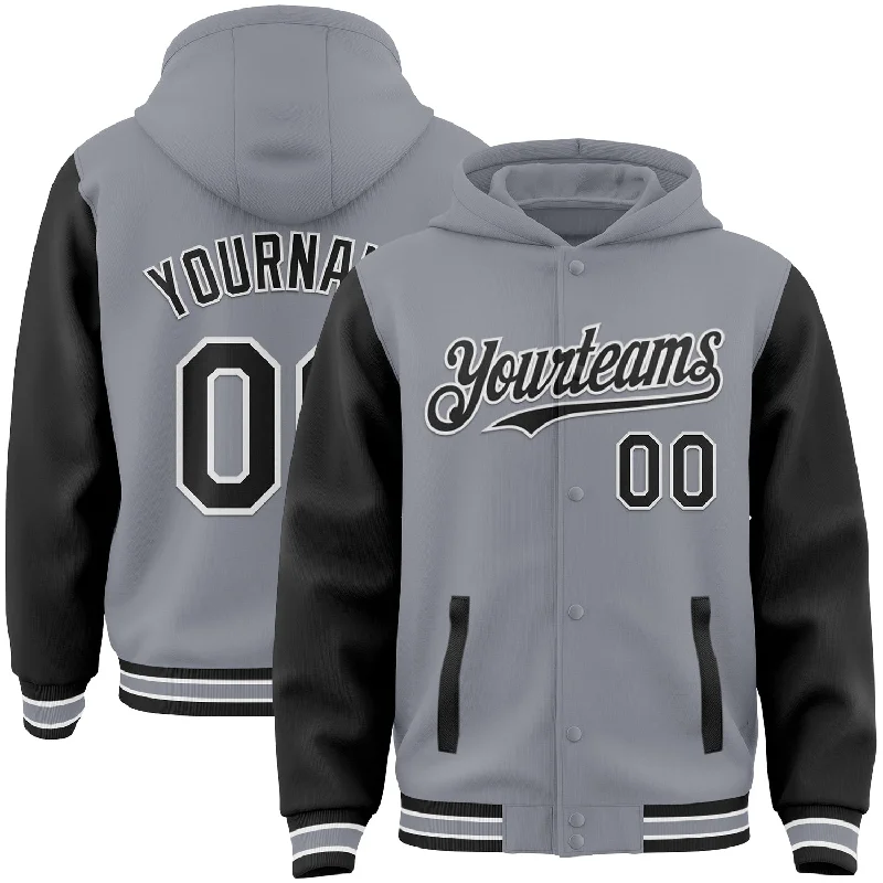 Sleek And Stylish Unisex Outerwear Flirty Fashion Discounts Custom Gray Black-White Bomber Full-Snap Varsity Letterman Two Tone Hoodie Jacket