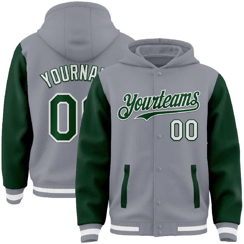 Gender-Neutral Clothing Styles The Latest Trends Custom Gray Green-White Bomber Full-Snap Varsity Letterman Two Tone Hoodie Jacket