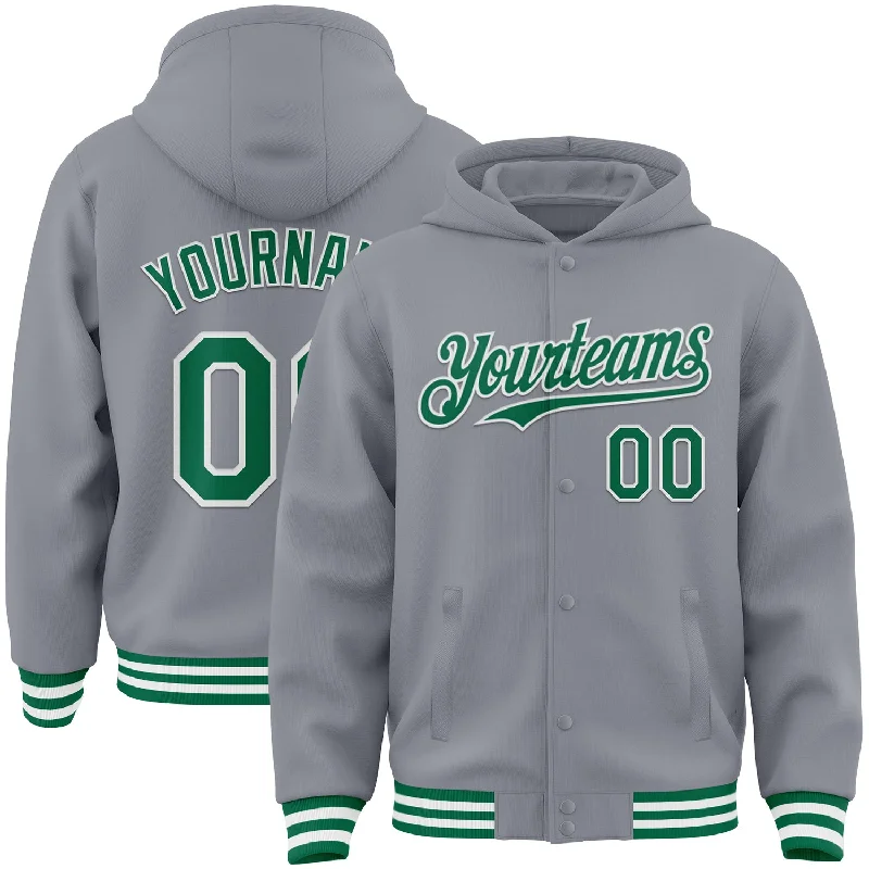 Stylish Unisex Outfit Ideas Romantic Fashion Discounts Custom Gray Kelly Green-White Bomber Full-Snap Varsity Letterman Hoodie Jacket