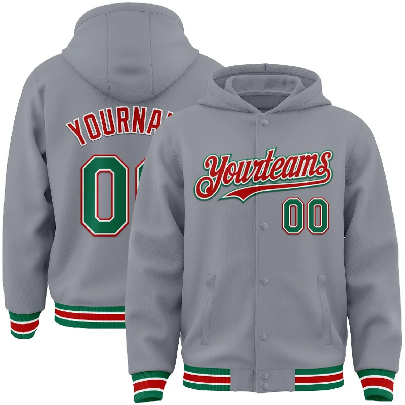 Classic And Timeless Unisex Style Exclusive Discount Custom Gray Kelly Green-Red Bomber Full-Snap Varsity Letterman Hoodie Jacket